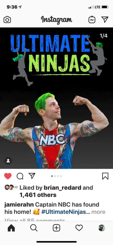 Adult ninja athlete with green hair, tattoos, in NBC shirt, flexing biceps. "NINJAS" text above.