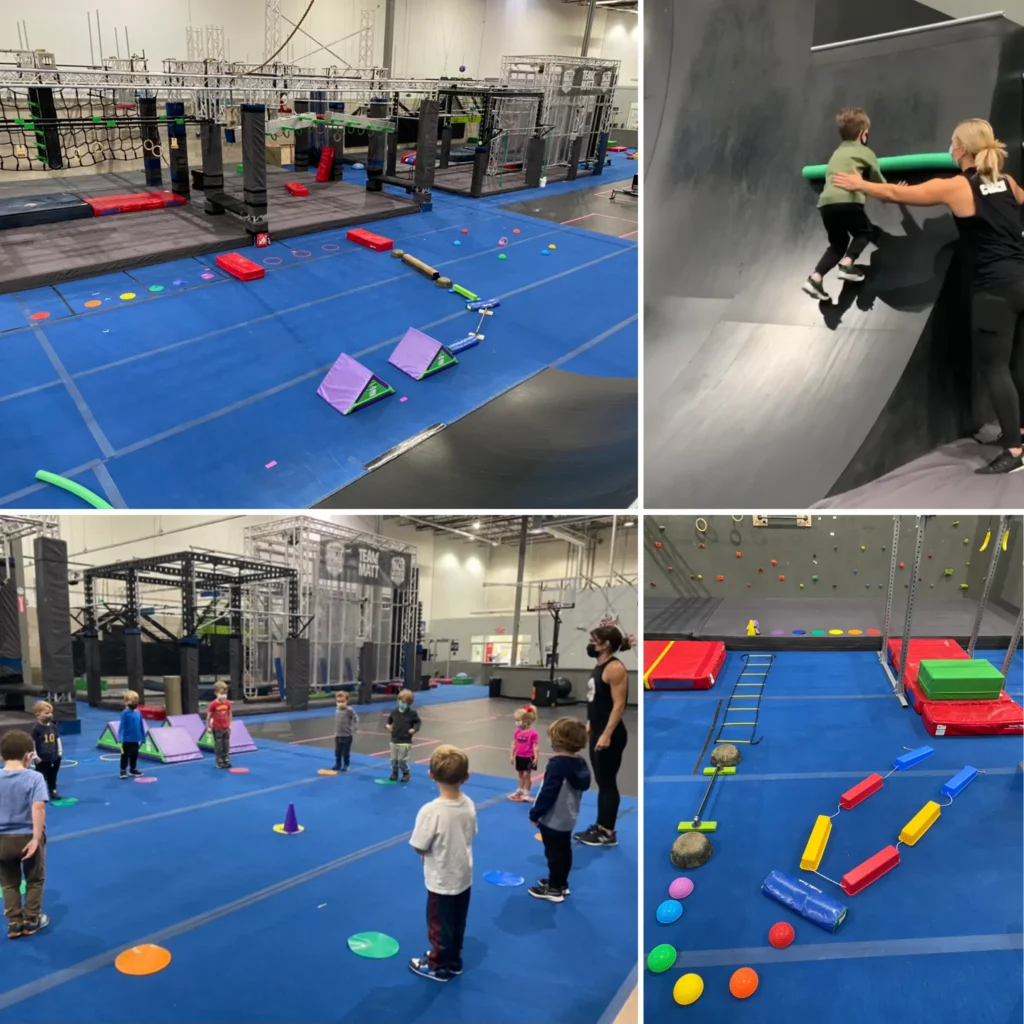 Ninja gym overview with Lache Lane and Monkey Bars; child on Warped Wall with coach; young kids in class; floor balance course.