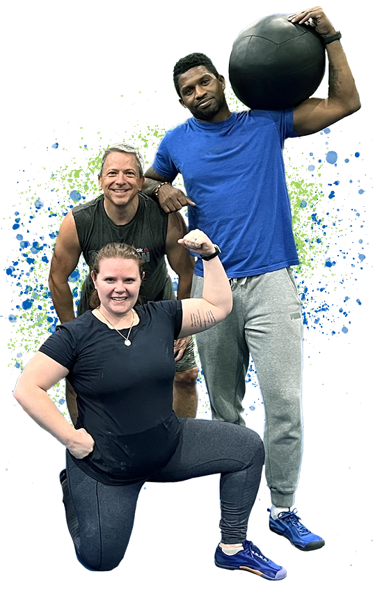 Three adults pose: a woman flexing her arm, one man smiling, and another man standing tall.