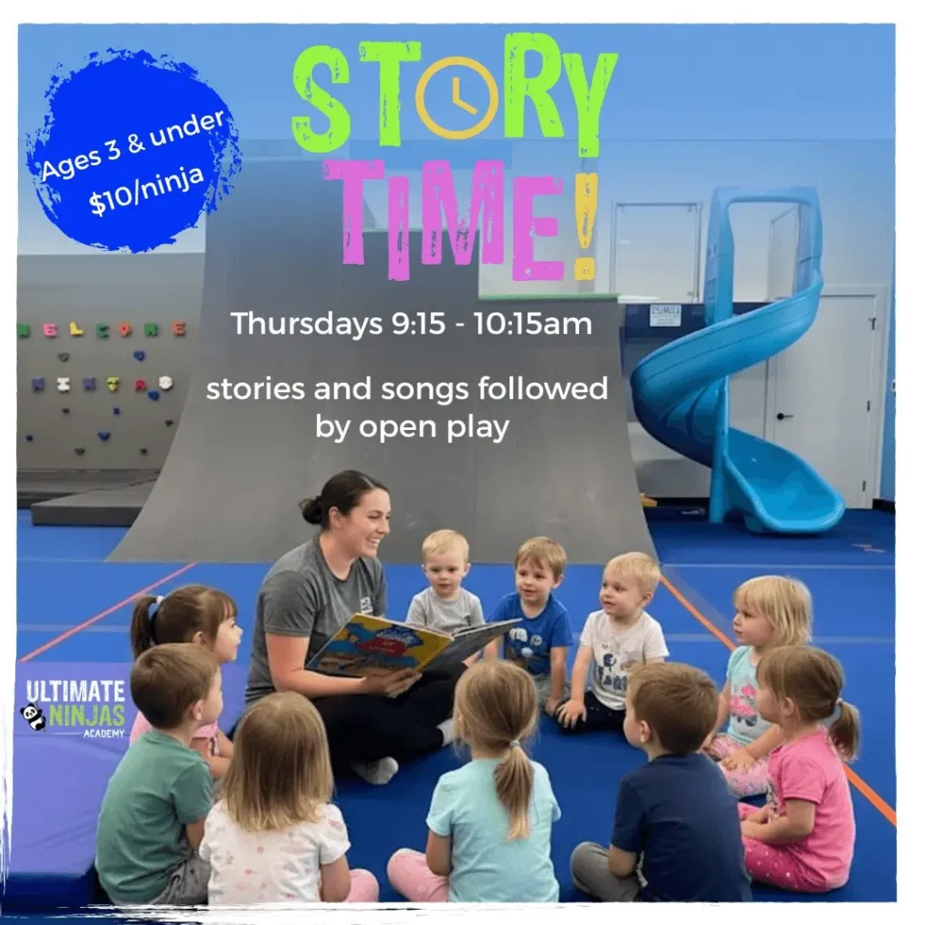 Instructor reads to young children in a circle. A Warped Wall, blue slide, and rockwall are in the background.