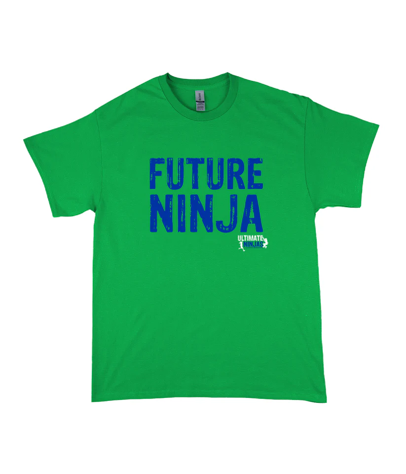 Green t-shirt with "FUTURE NINJA" in blue text and a small Ultimate Ninjas logo below it.