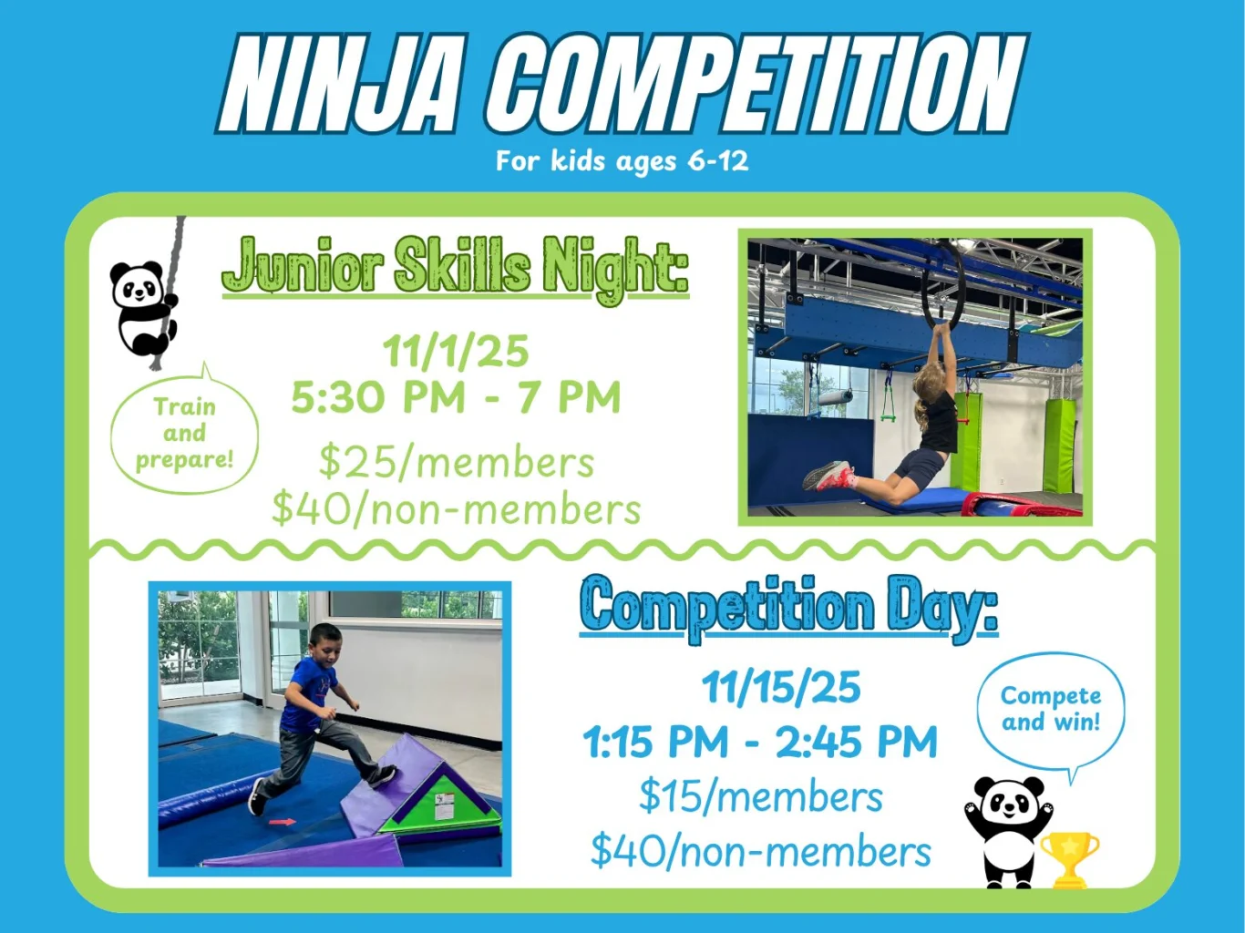 Child hangs horizontally from grip rings. Another child runs across angled steps in a ninja gym.
